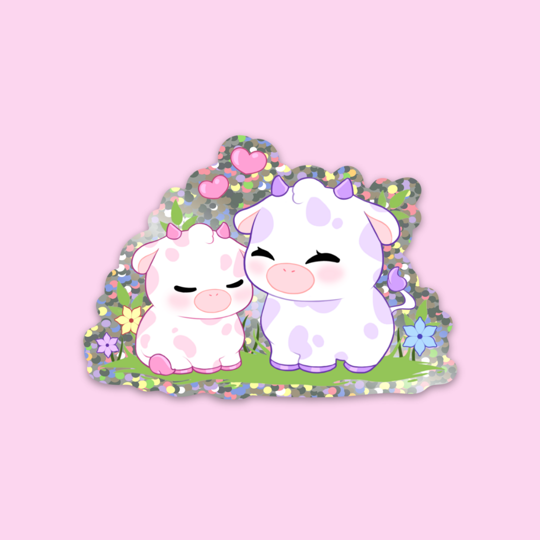 Kawaii Cow with Baby Glitter Sticker