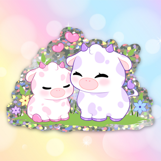 Kawaii Cow with Baby Glitter Sticker