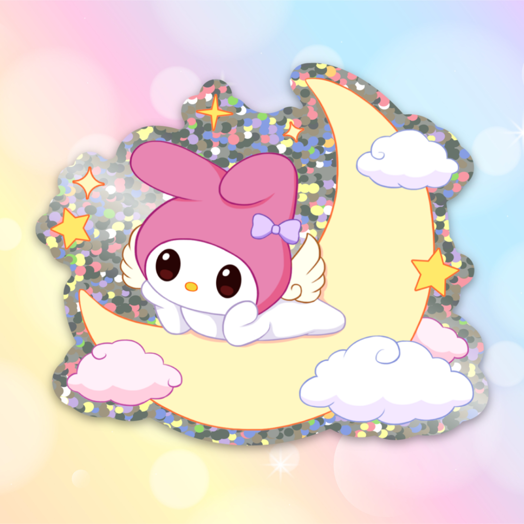 Kawaii Angel on the Moon Glitter Sticker